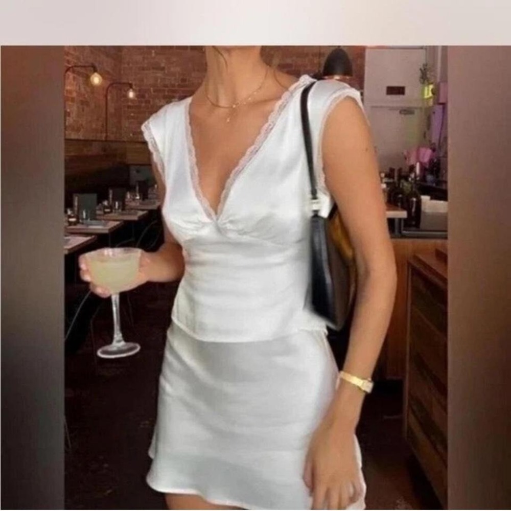 Commense Lace Trim Satin Skirt Set size M  Bachelorette New White party